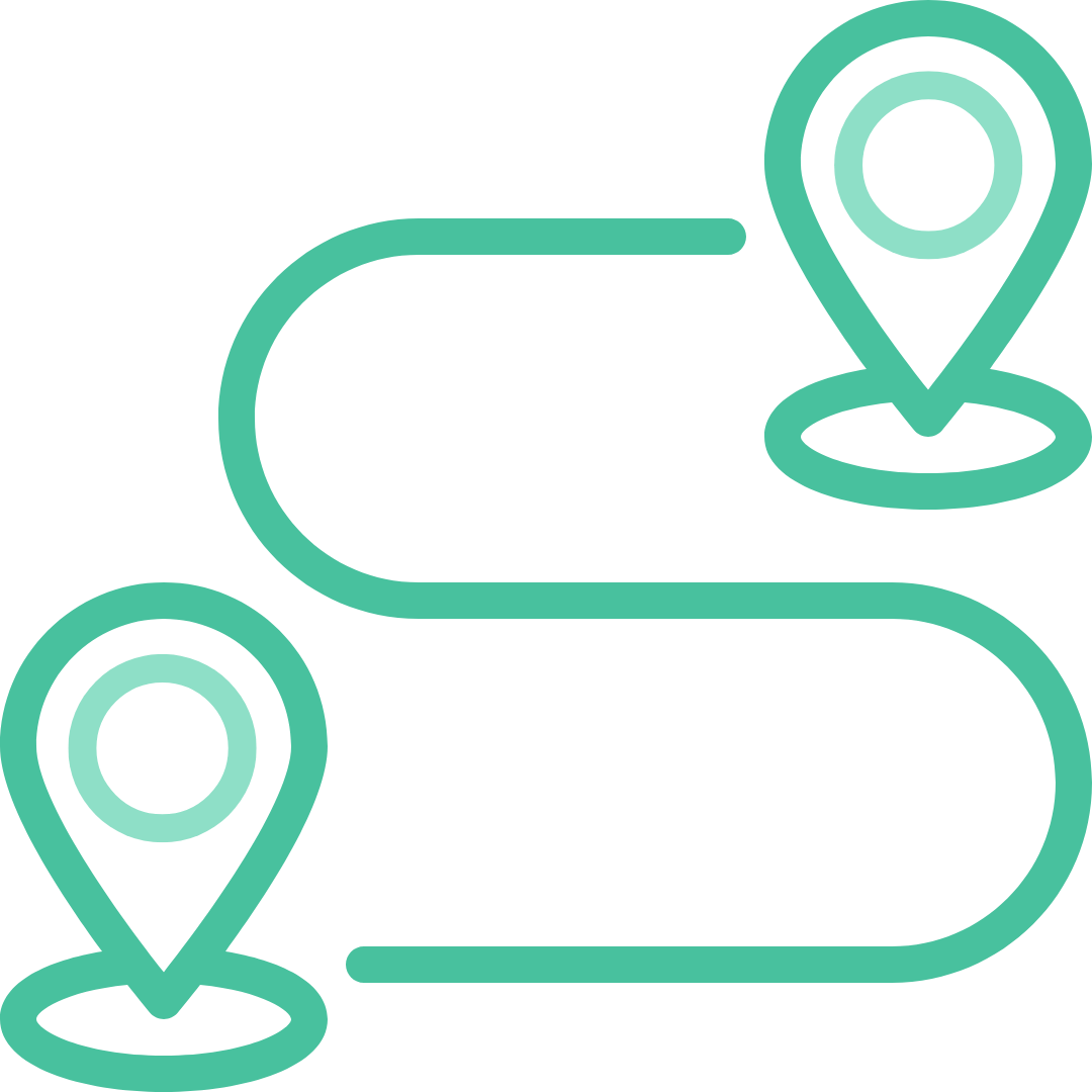 Two teal location markers connected by a winding teal line, indicating a route.