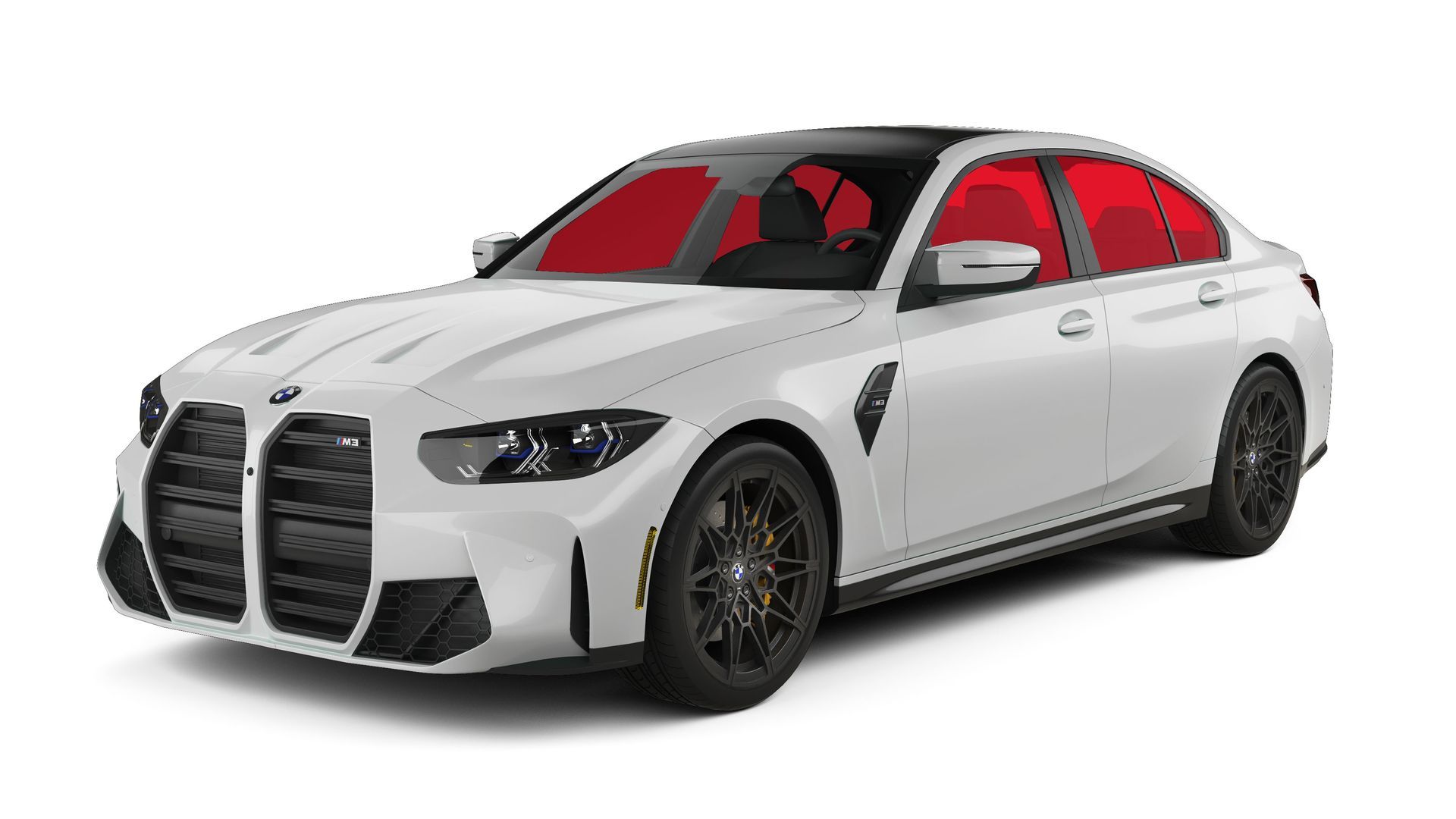 White sedan with a red interior and black racing accents on a white background