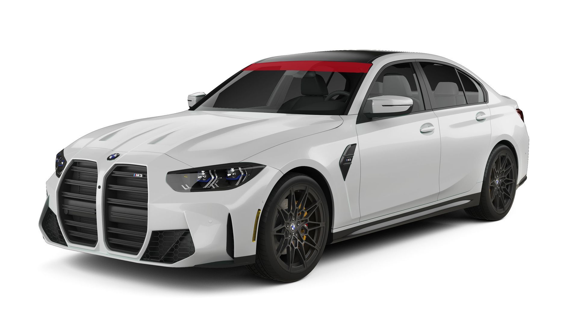 White BMW sedan with black racing stripes and a large front grille on a white background