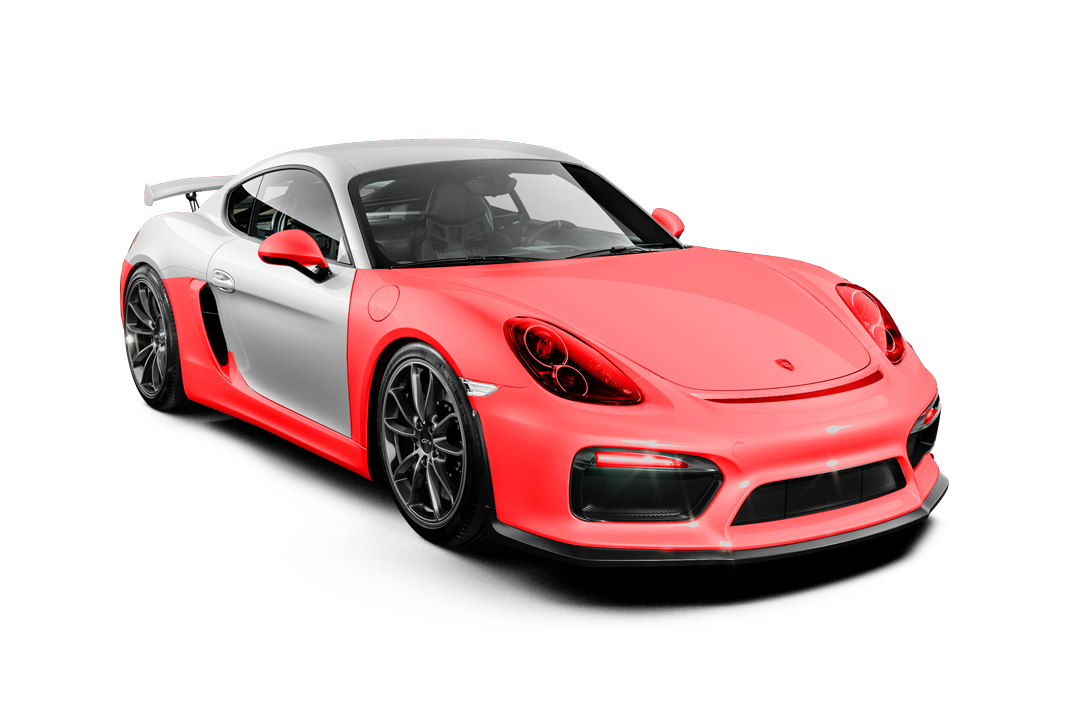 Red and silver sports car on a white background, angled front view