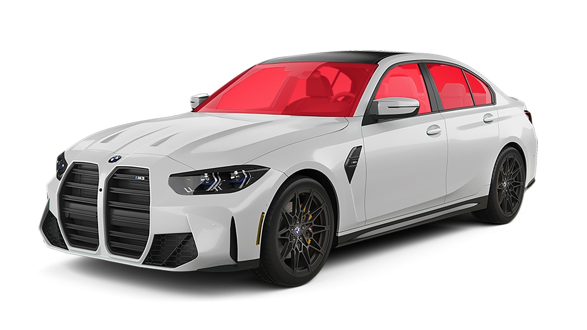 Silver sedan with a red windshield and black racing-style front grille on a white background
