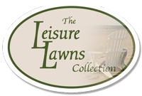 Logo for The Leisure Lawns Collection, with text in green and a blurry outdoor chair background, in an oval frame.