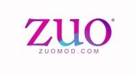 Logo for ZUO, a furniture brand, with purple and teal letters, and the website address below.