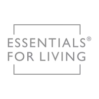 Logo for Essentials for Living, gray text within a gray rectangular outline.