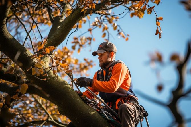 Bountiful Landscape Pristine arborist cutting tree branches with chainsaw