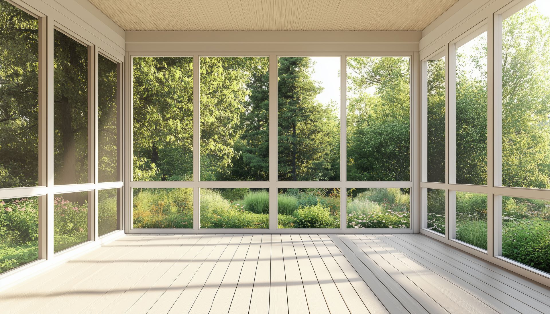 Contemporary screened porch enclosure featuring plastic windows and composite flooring.
