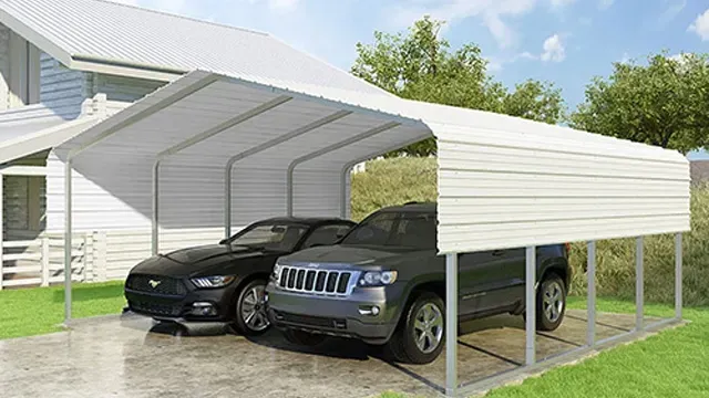 Cars parked under a white metal carport next to a house on a sunny day.