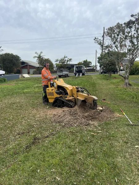 A Man Is Using a Stump Grinder to Remove a Tree Stump — Central Coast Tree Removal In Wyongah, NSW