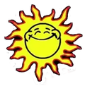 Smiling yellow sun with orange flames and a simple face on a white background