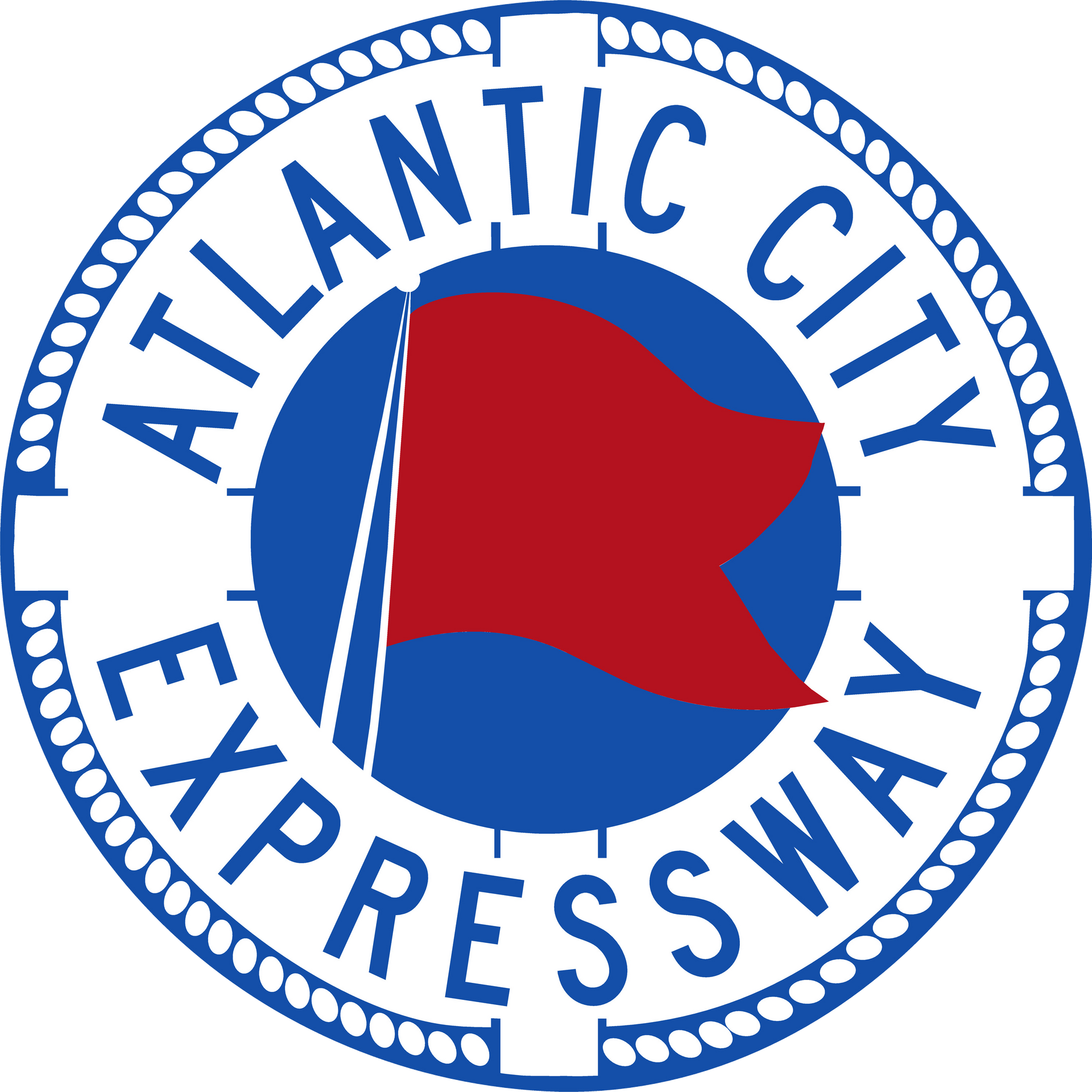 A circular blue and white logo for the Atlantic City Expressway featuring a red flag on a pole in the center.