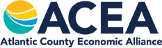 Logo for the Atlantic County Economic Alliance, featuring an abstract blue and yellow circle icon next to the text ACEA.