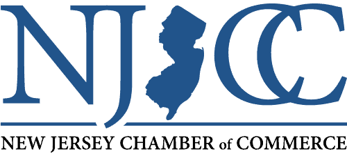Blue logo for the New Jersey Chamber of Commerce, featuring an outline of the state of New Jersey between the letters NJ CC.