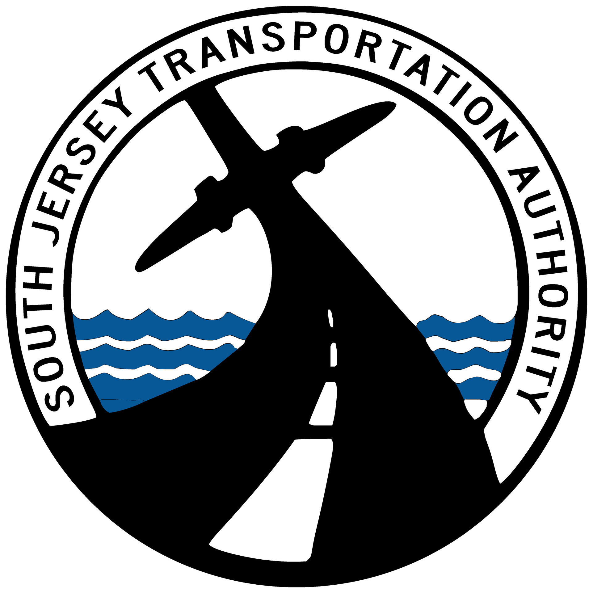 Circular logo of the South Jersey Transportation Authority featuring a black road, an airplane silhouette, and blue waves.