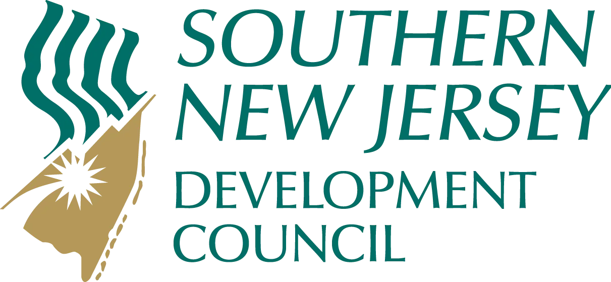 Logo for the Southern New Jersey Development Council featuring stylized green waves and a gold map outline.