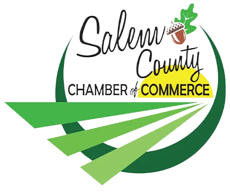 Logo for the Salem County Chamber of Commerce featuring an acorn and green landscape lines on a white background.