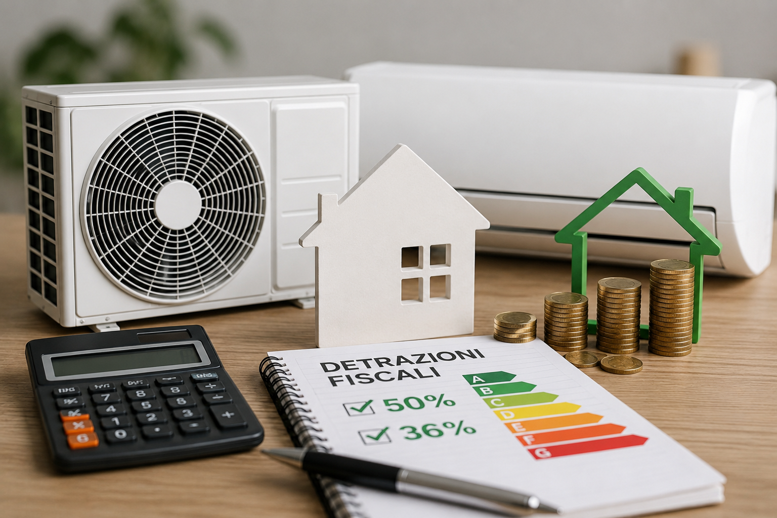 Concetto di efficienza energetica con modellino di casa, calcolatrice, quaderno, monete e unità di pompa di calore.