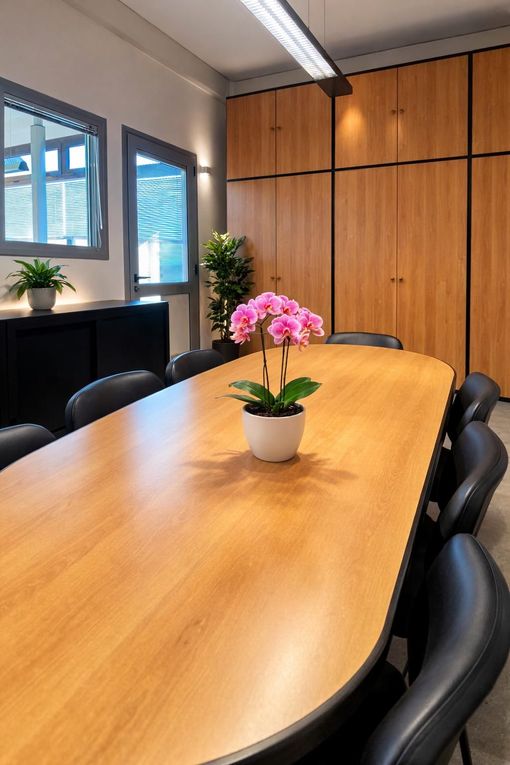 Sala conferenze vuota con un lungo tavolo di legno, sedie nere e un centrotavola con un vaso di fiori rosa.