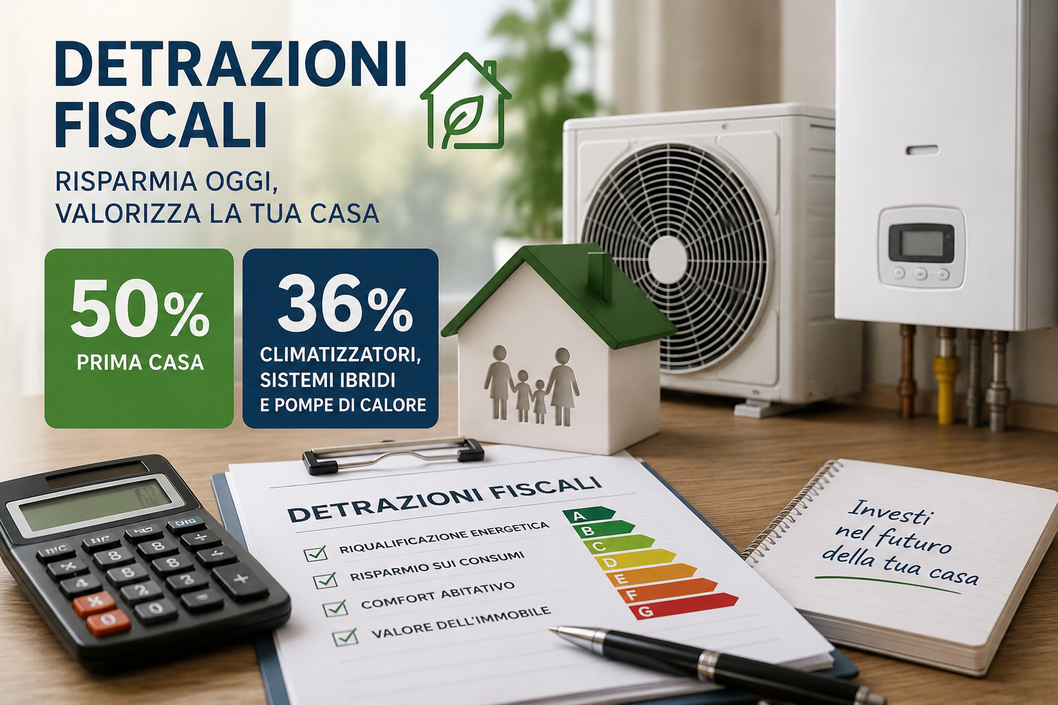 Grafica promozionale per le detrazioni fiscali, con pompa di calore, caldaia, calcolatrice e documenti su una scrivania di legno.
