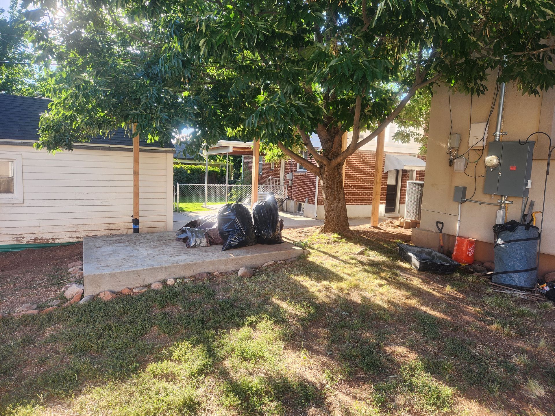 Backyard with a tree, shed, trash bins, and a house exterior in sunlight