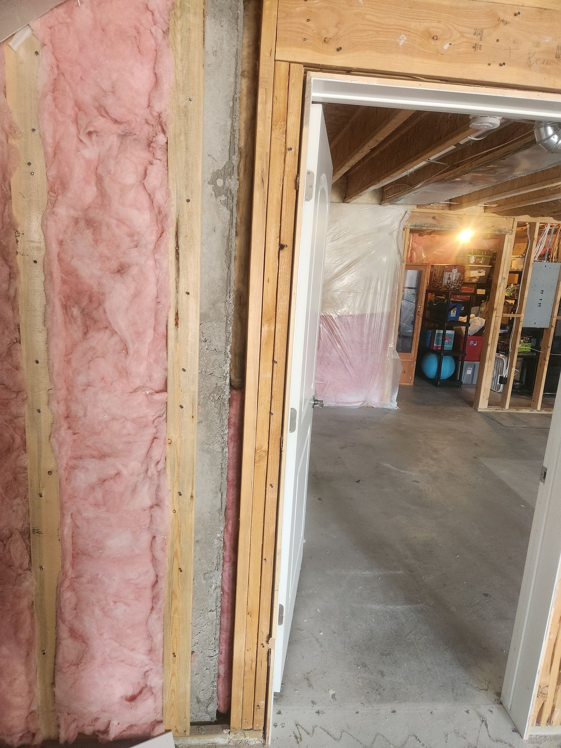 Unfinished room doorway with exposed insulation, wooden framing, and a view into a basement or utility area.