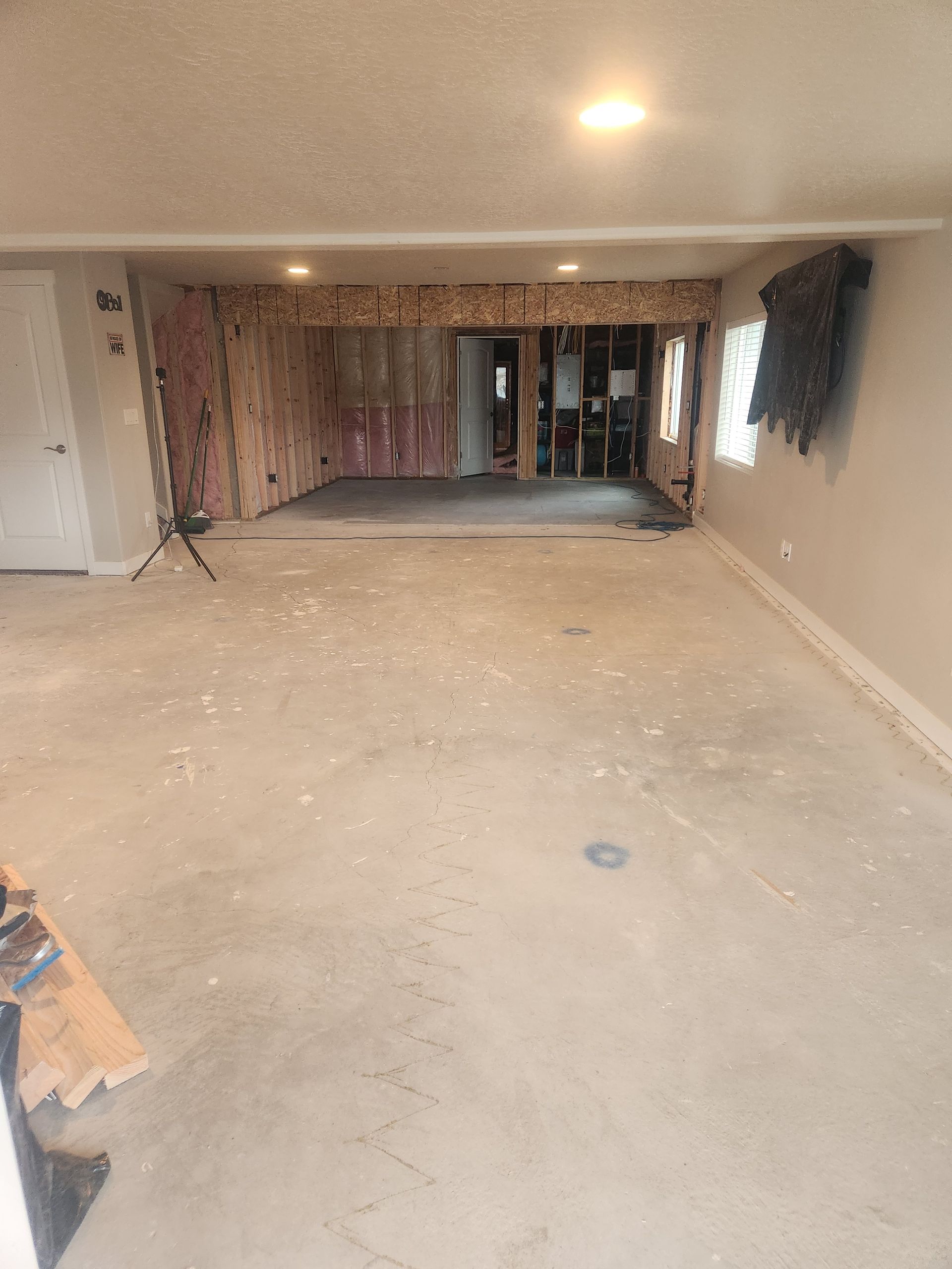 Empty unfinished room with bare concrete floor, exposed walls, and a low ceiling.