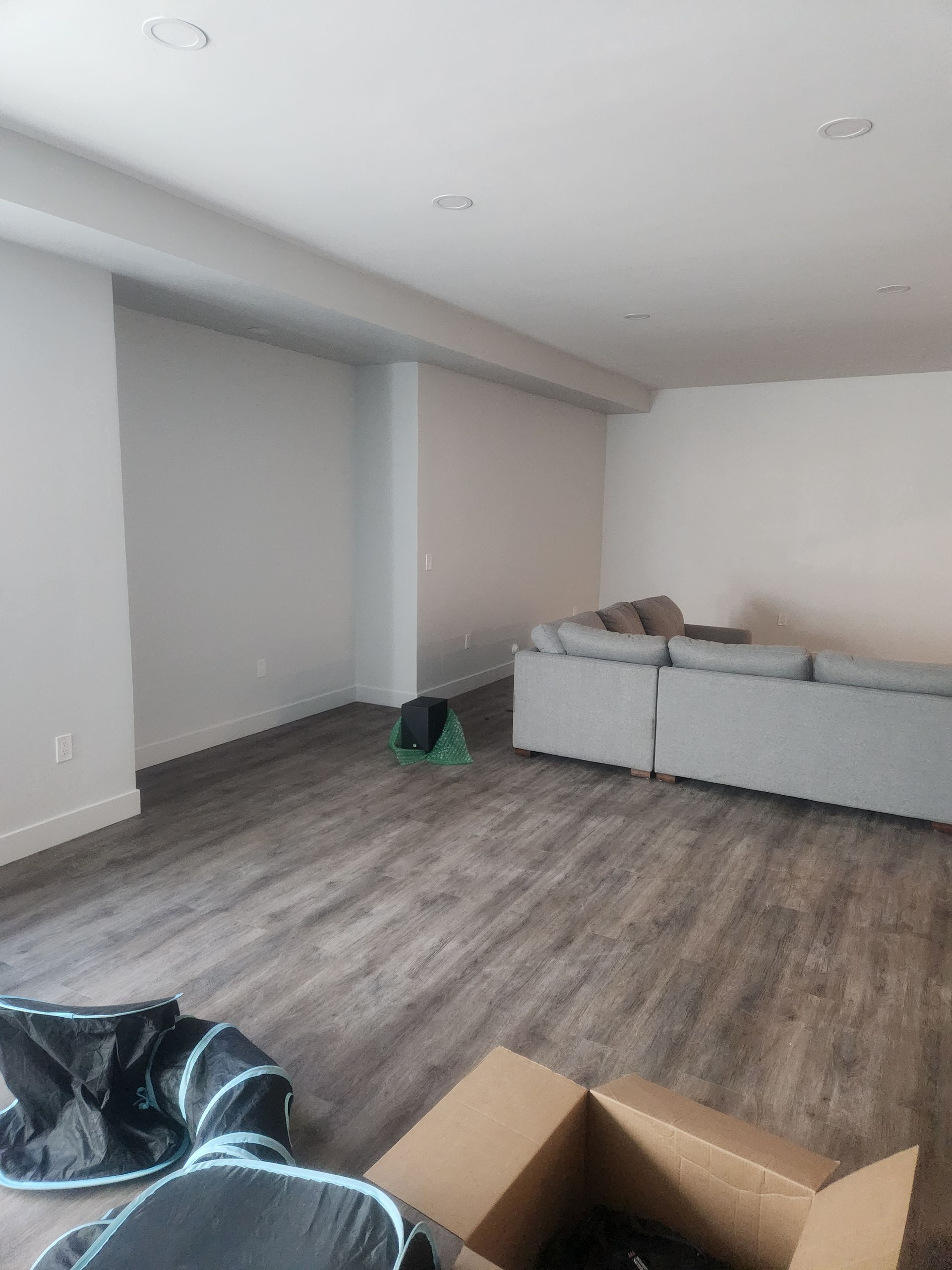 Empty living room with gray walls, wood-look floor, and an L-shaped sofa beside an open cardboard box.