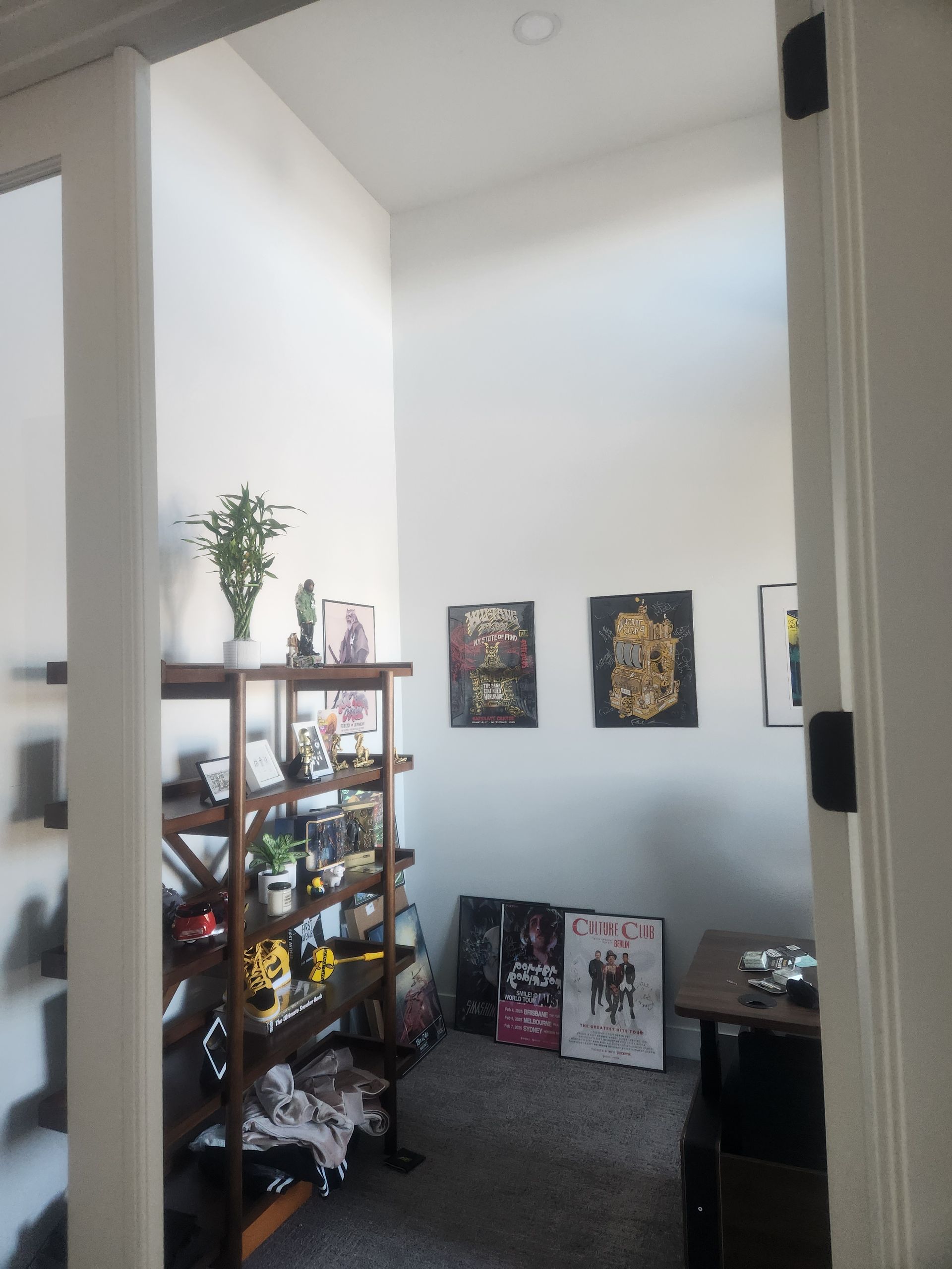 Small room with shelves of plants and decor, framed wall art, and a dark desk against a white wall.