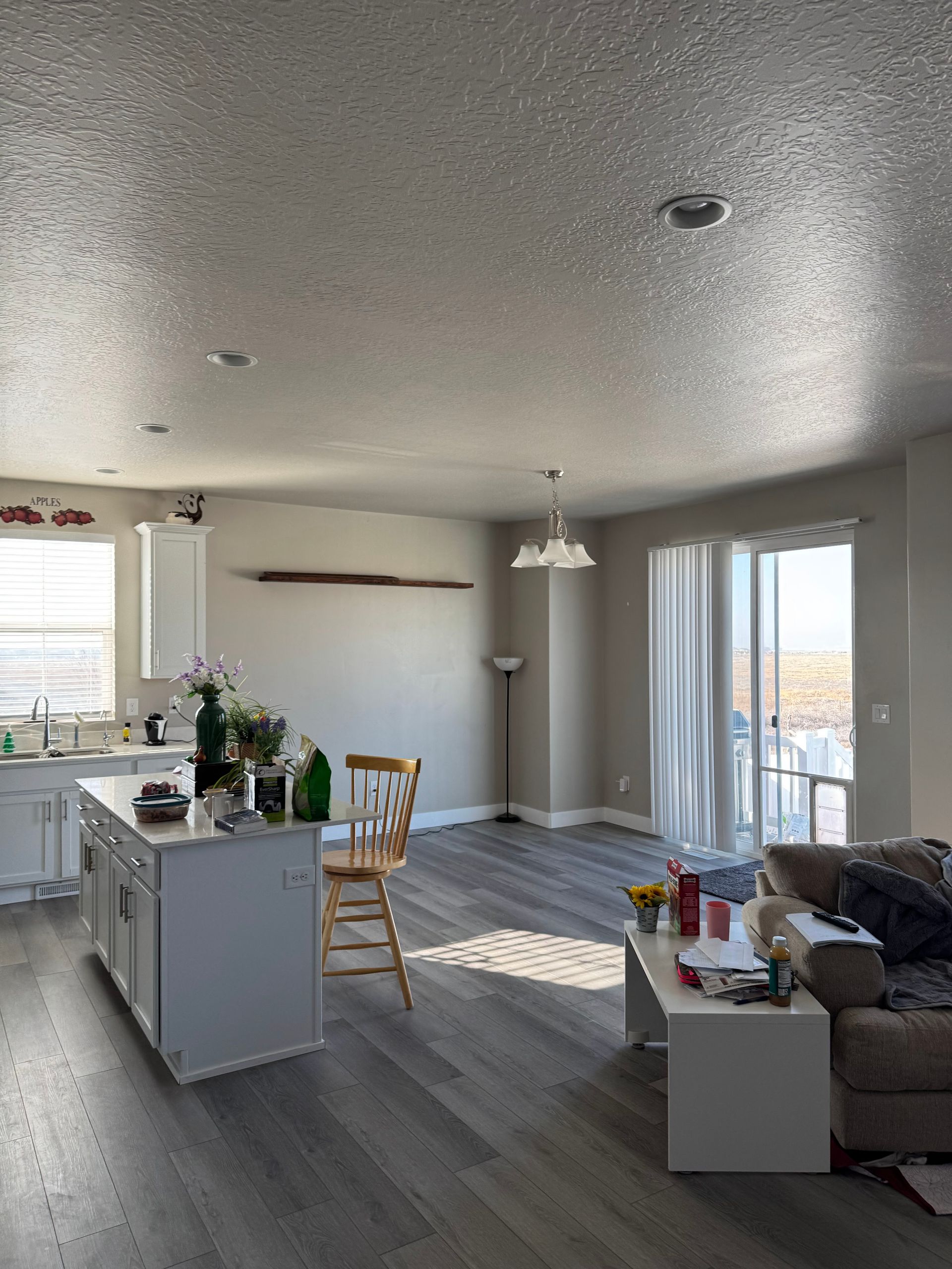 Bright open kitchen and living room with gray floors, white walls, bar stools, and sunlight from large windows.