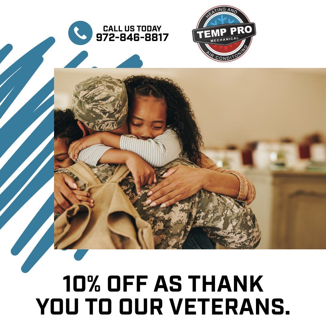 A picture of a soldier hugging a little girl with the words 10 % off as thank you to our veterans