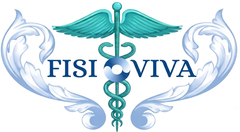 Logo FISI VIVA con caduceo e ali color verde acqua, incorniciati da volute decorative azzurre.