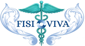 Logo FISI VIVA con caduceo e ali color verde acqua, incorniciati da volute decorative azzurre.