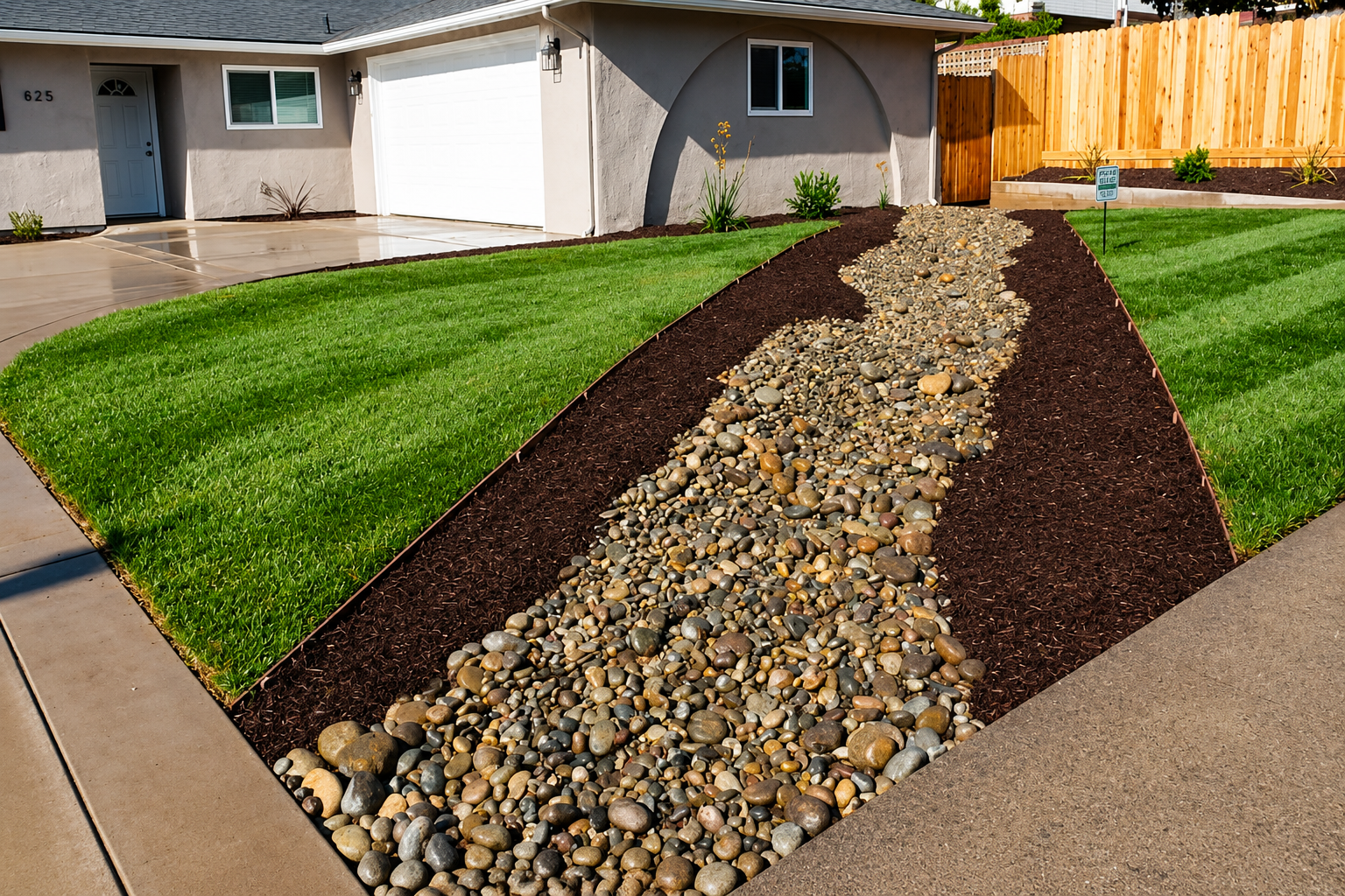 Front yard with fresh green lawn and a curved rock drainage bed beside a house and sidewalk
