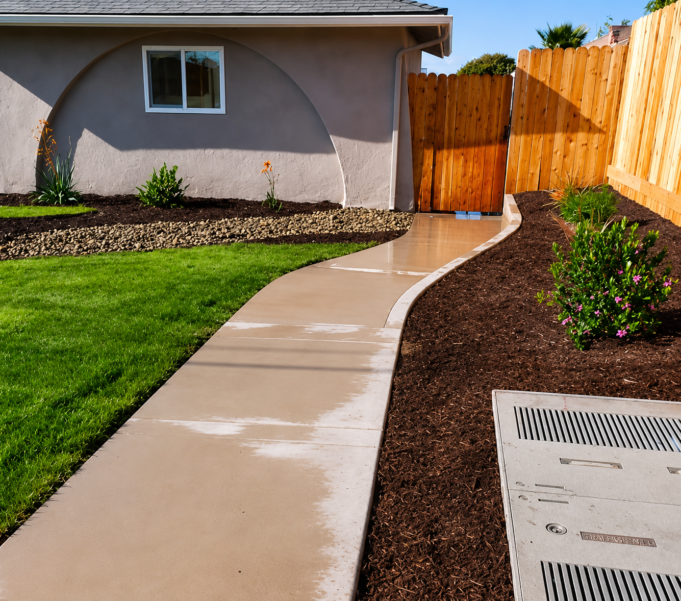 Concrete walkway curving through a landscaped backyard beside a house and wooden fence.