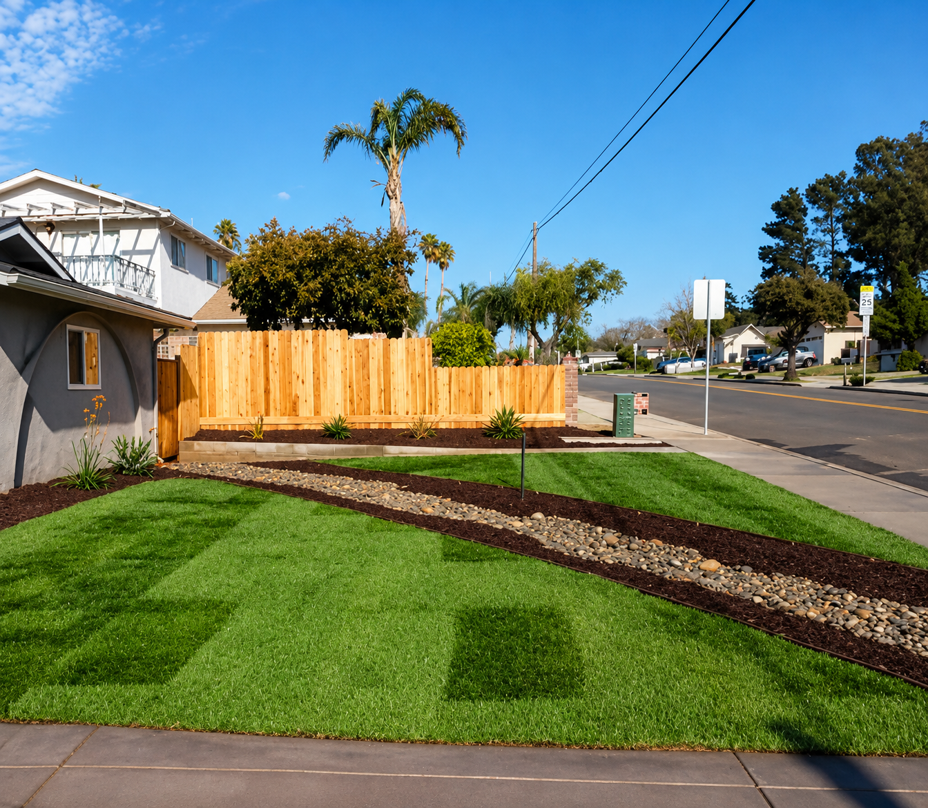 Curved lawn with fresh dark mulch beside a wooden fence on a sunny suburban street corner.