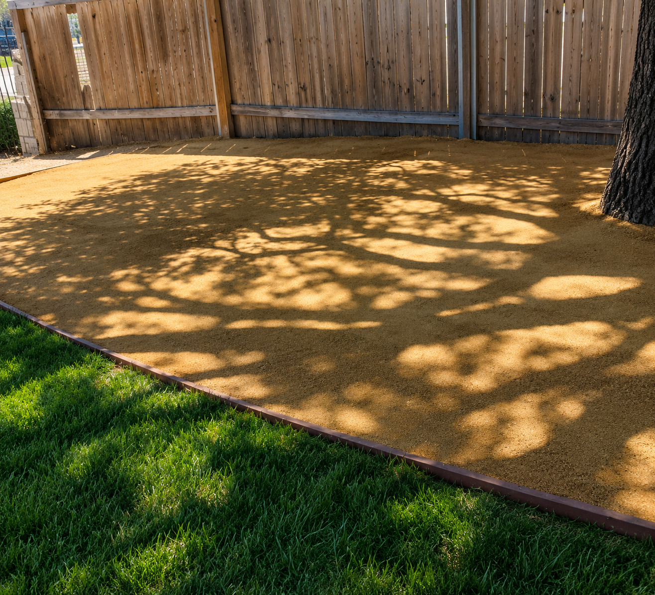 Backyard with a fresh tan gravel patio, green grass edge, and wooden fence in dappled shade