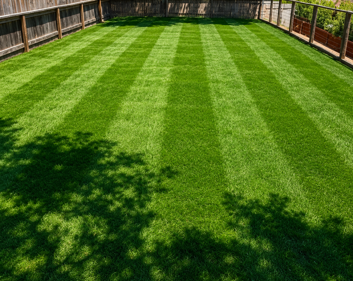 Striped green lawn in a fenced backyard with sunlight and tree shadows