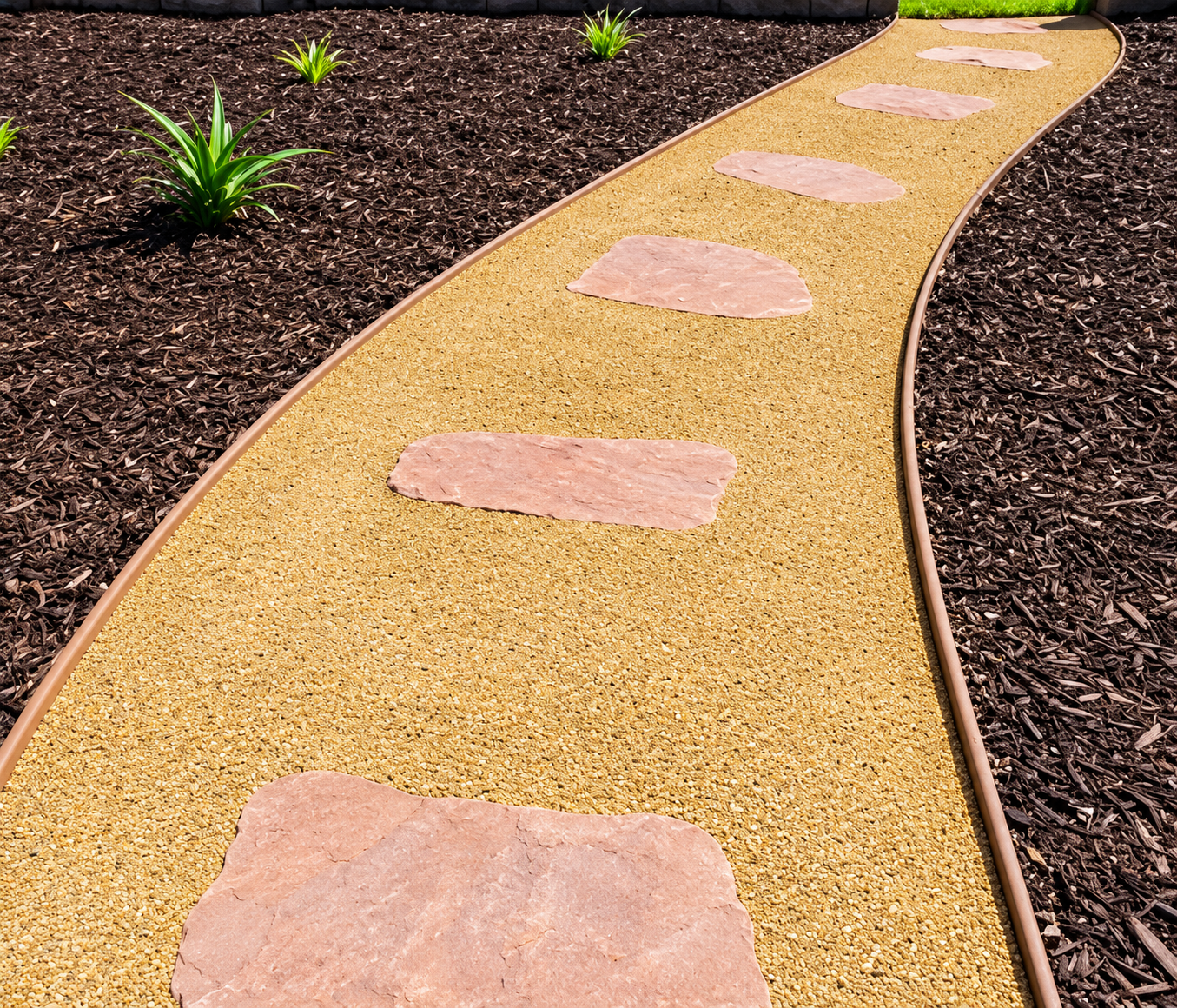 Curving tan garden path with pink stepping stones through dark mulch and small green plants