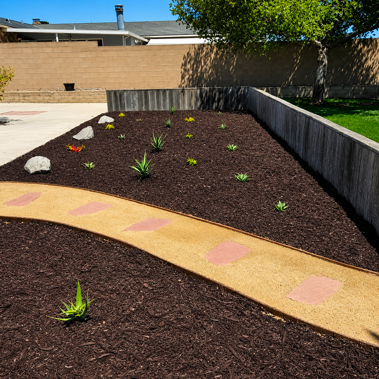 Backyard with dark mulch beds, a tan stepping-stone path, and small green plants against wooden fences.
