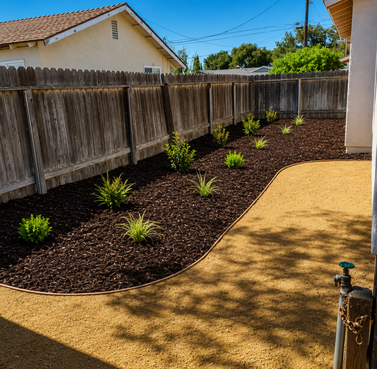 Backyard with newly planted shrubs, wood fence, and tan mulch path beside a house