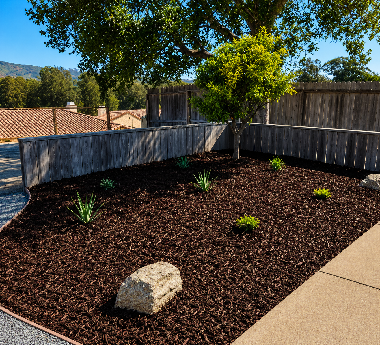 Mulched backyard corner garden with a small tree, young plants, a rock, and a wooden fence under blue sky