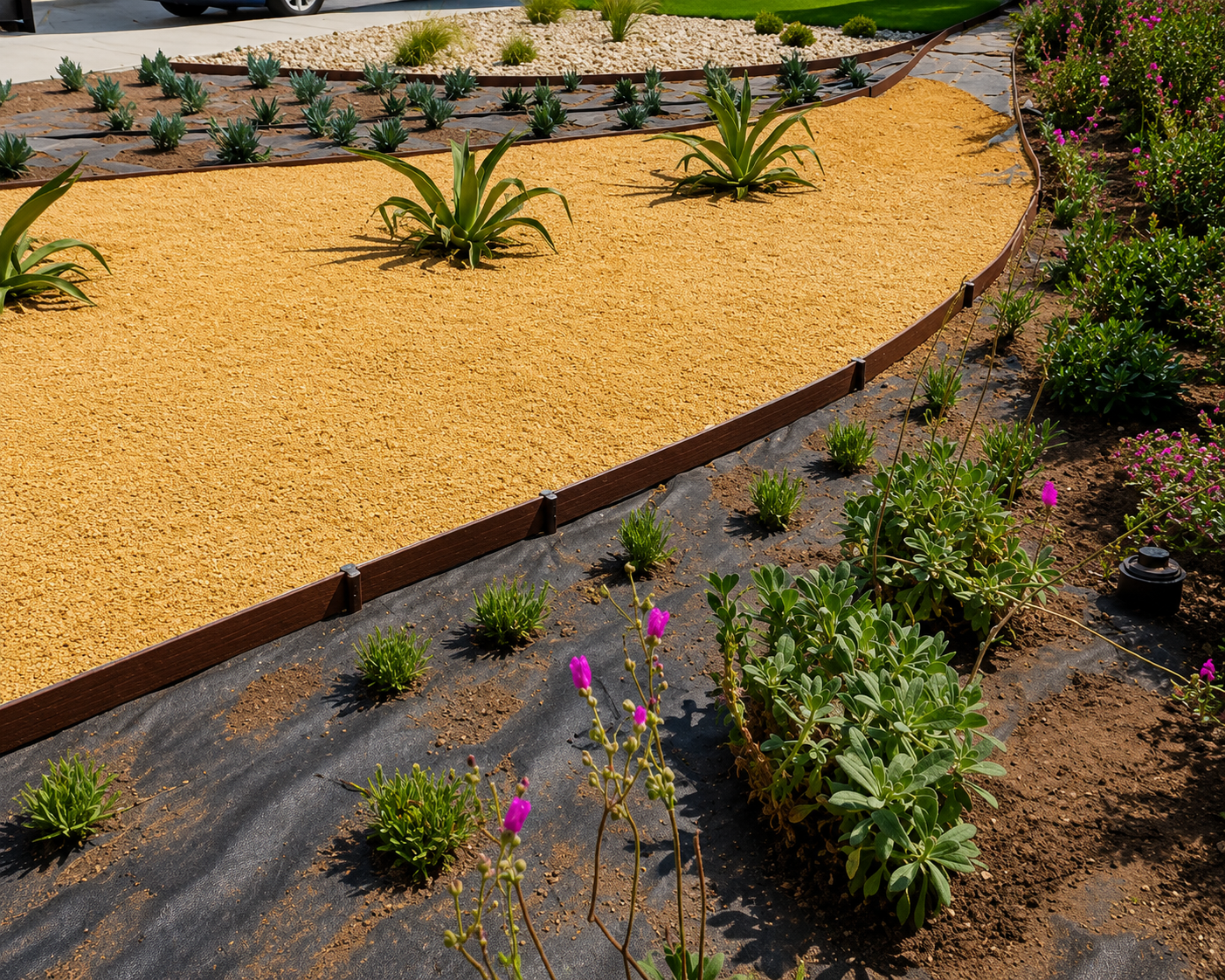 Curved gravel garden bed with small desert plants and purple flowers beside a stone border