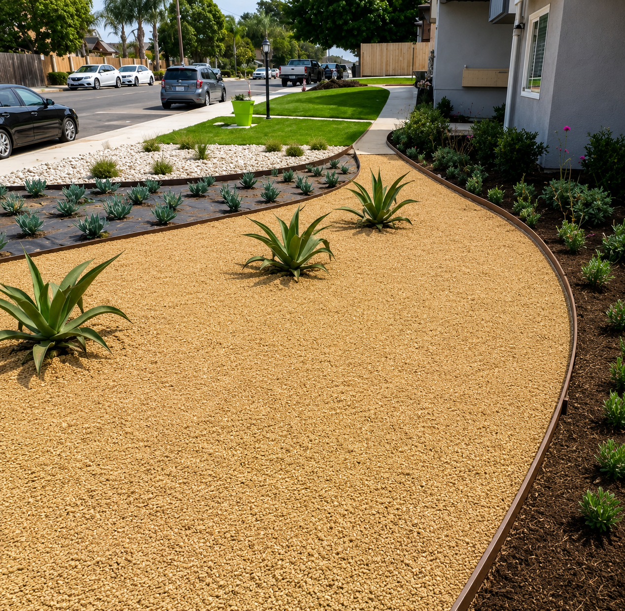 Curved gravel landscaping bed with small agave plants beside a sidewalk and apartment building.