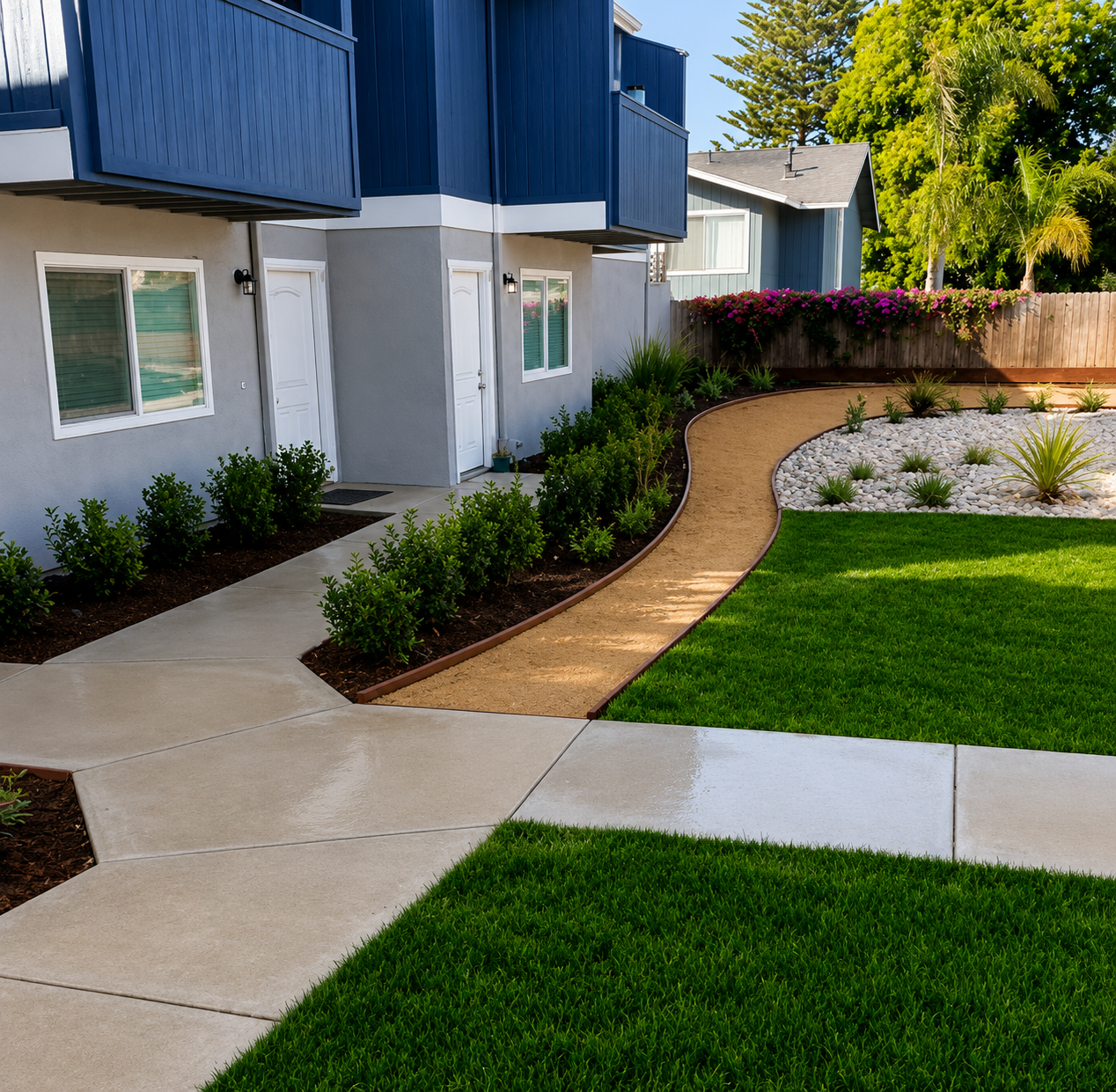 Apartment exterior with curved walkway, green lawn, and landscaped flower beds under blue balconies
