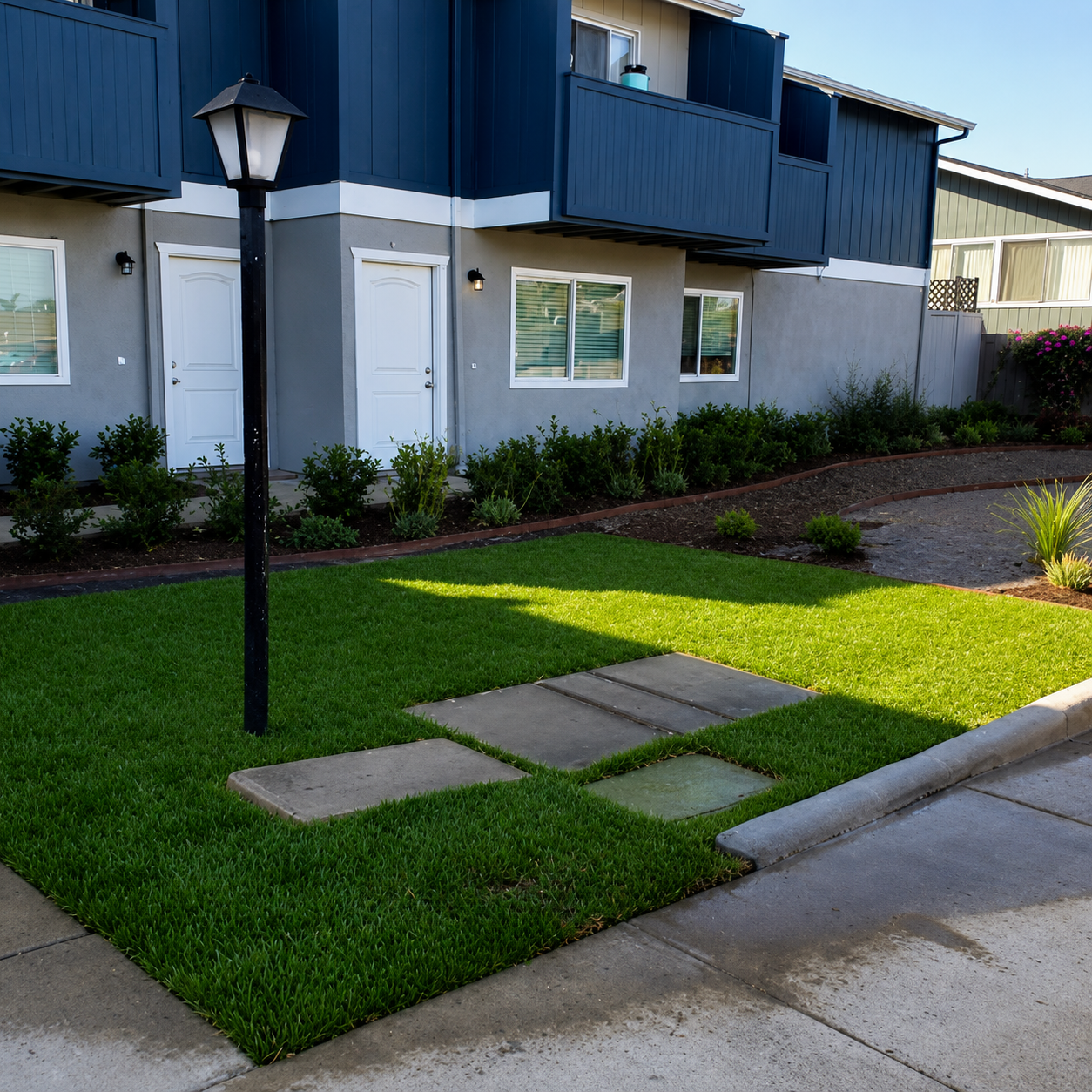Apartment walkway with green lawn, stepping stones, and blue-and-white building facade