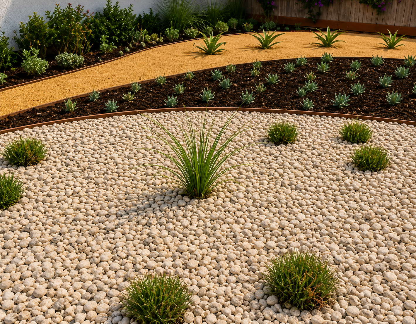 Curved landscaped garden with tan gravel, dark mulch bands, and scattered green shrubs.