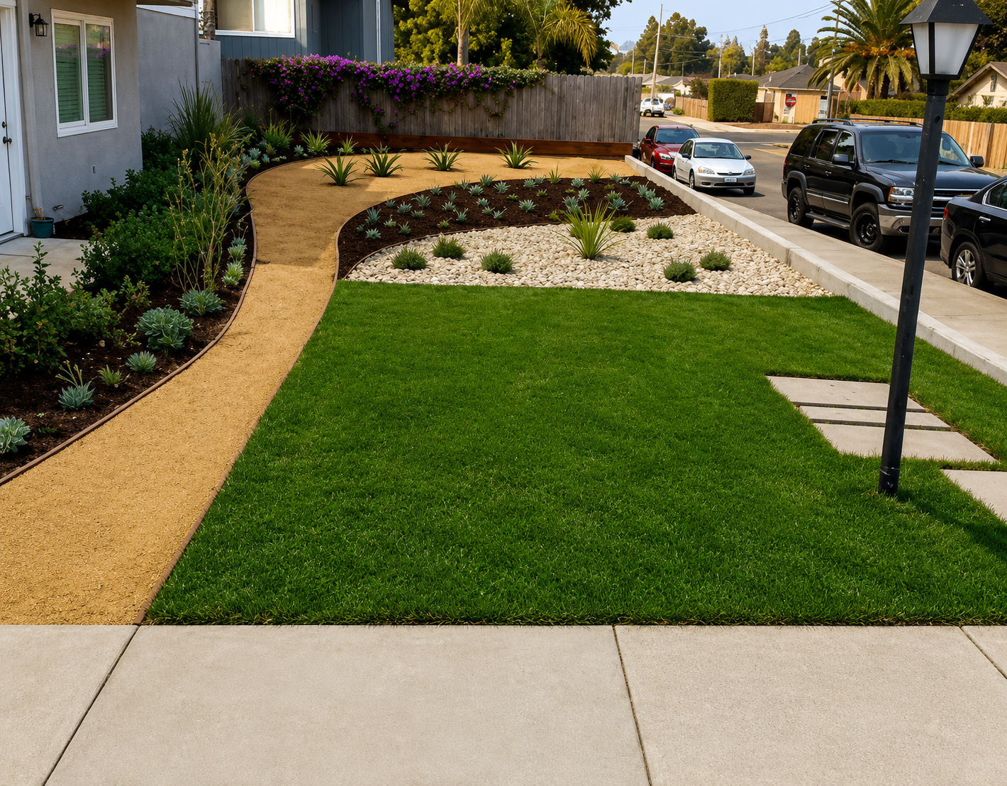 Curved front yard landscaping with green lawn, gravel beds, shrubs, and a sidewalk beside parked cars.
