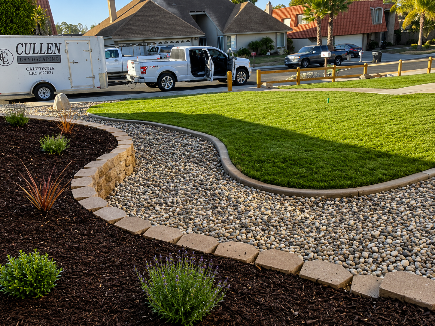 Curved rock garden path beside a green lawn, with moving trucks and a house in the background