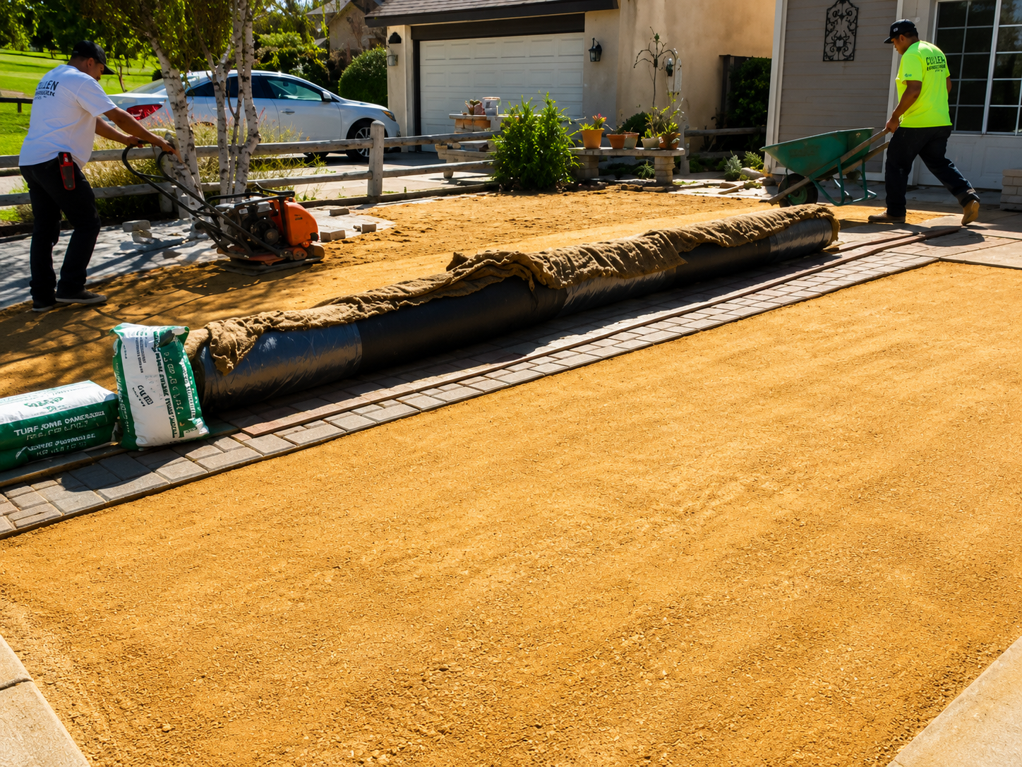 Workers laying sod in a suburban front yard beside a house and driveway
