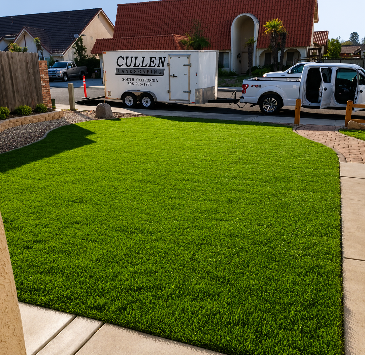 Front lawn with bright green grass and a white truck and trailer parked along the curb in a suburban driveway