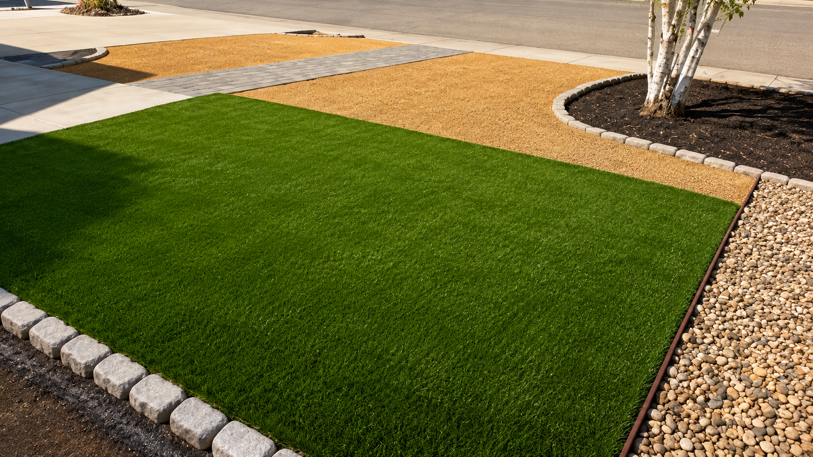 Fresh green rectangular lawn bordered by white pavers and tan gravel in a landscaped yard